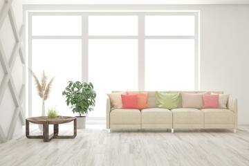 Fototapeta premium White living room with sofa. Scandinavian interior design. 3D illustration
