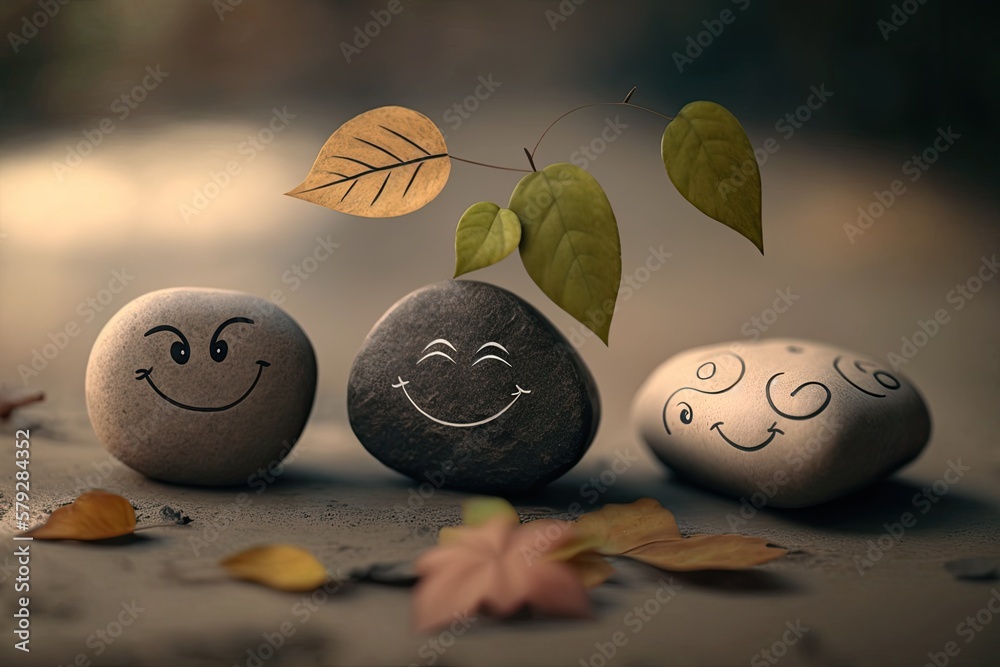 Poster stones with a smiley face and some leaves drawn on them sit on a table in front of a hazy background