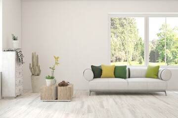 White living room with sofa and summer landscape in window. Scandinavian interior design. 3D illustration