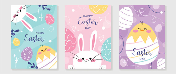 Happy Easter element cover vector set. Hand drawn playful cute rabbit decorate with easter eggs, chicks, leaf branch, heart, sparkles. Collection of adorable doodle design for decorative, card, kids.