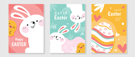 Fototapeta na wymiar Happy Easter element cover vector set. Hand drawn playful cute rabbit decorate with easter eggs, chicks, heart, vibrant color texture. Collection of adorable doodle design for decorative, card, kids.