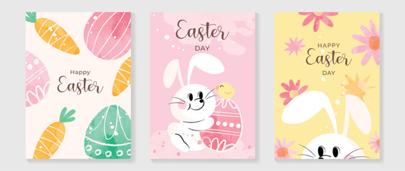 Fototapeta na wymiar Happy Easter element cover vector set. Hand drawn playful cute rabbit decorate with watercolor easter eggs, chicks, carrots, flowers. Collection of adorable doodle design for decorative, card, kids.