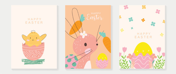 Happy Easter element cover vector set. Hand drawn cute rabbit and chick decorate with easter eggs, carrot, flowers, pastel background. Collection of adorable doodle design for decorative, card, kids.