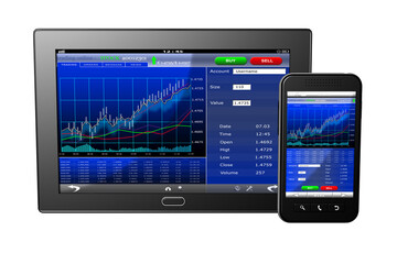 PNG. Trasparente. Dispositivi informatici mobili con schermata relativa a finanza, borsa, banche..