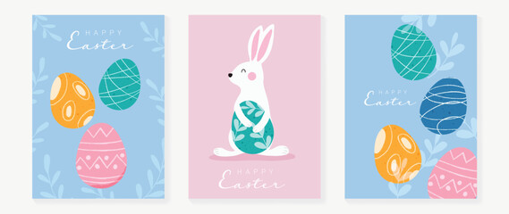 Happy Easter element cover vector set. Hand drawn cute white rabbit decorate with easter eggs and leaf branch on pastel background. Collection of adorable doodle design for decorative, card, kids.