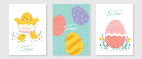 Happy Easter element cover vector set. Hand drawn cute playful chicks decorate with easter eggs and flowers on pastel background. Collection of adorable doodle design for decorative, card, kids.