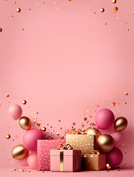 pink background for text or product demonstration, balloons and gifts festive background