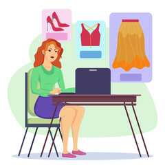Female shopper buying secondhand clothes via laptop. Cartoon customer ordering pre-used clothing in online store at home vector illustration. Online shopping, second hand, ecommerce concept