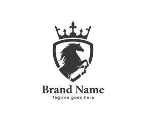Horse in shield with crown on top for Hotel, Finance, investment, Sports club, and Business logo design