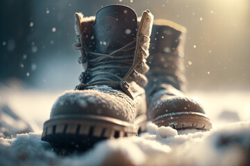 A pair of brown timberland boots are standing in the snow.