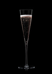 Elegant luxury glass with pink rose champagne with bubbles on black.