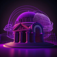 Abstract Virtual Reality Violet Background with 3D Rendering and Neon Wireframe Half-Constructed Building in a Cyber Space Landscape