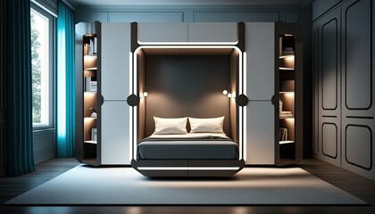 Fitted modern wardrobe around bed to have a place to store the fancy clothes, interior