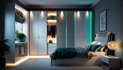 Fototapeta na wymiar Fitted modern wardrobe around bed to have a place to store the fancy clothes, interior