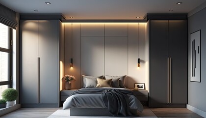 Fitted modern wardrobe around bed to have a place to store the fancy clothes, interior