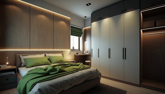Fitted modern wardrobe around bed to have a place to store the fancy clothes, interior