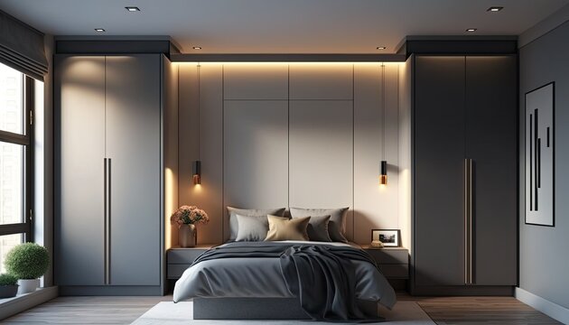 Fitted modern wardrobe around bed to have a place to store the fancy clothes, interior