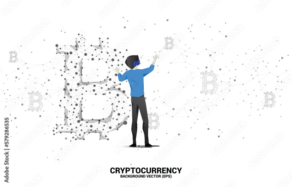 Poster Silhouette man wear VR glasses with bitcoin icon from Polygon dot connect line. Concept for cryptocurrency technology and financial network connection.