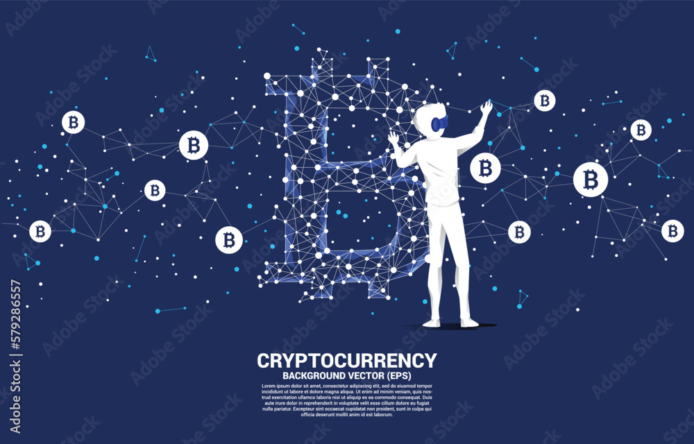 Poster silhouette man wear vr glasses with bitcoin icon from polygon dot connect line. concept for cryptocu