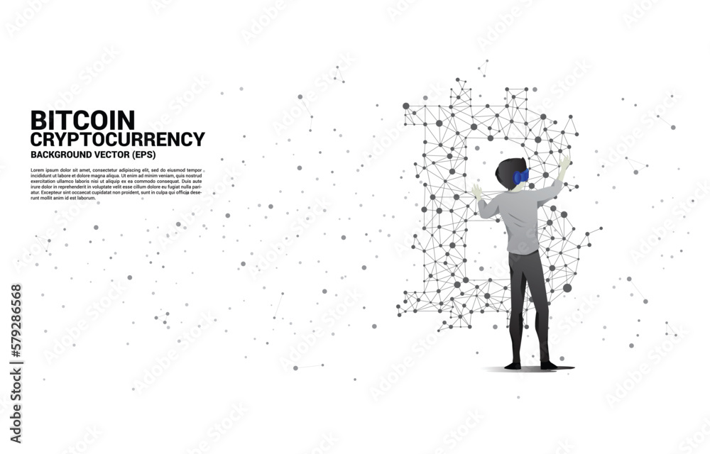 Poster silhouette man wear vr glasses with bitcoin icon from polygon dot connect line. concept for cryptocu