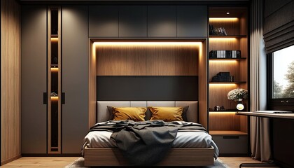 Fitted modern wardrobe around bed to have a place to store the fancy clothes, interior