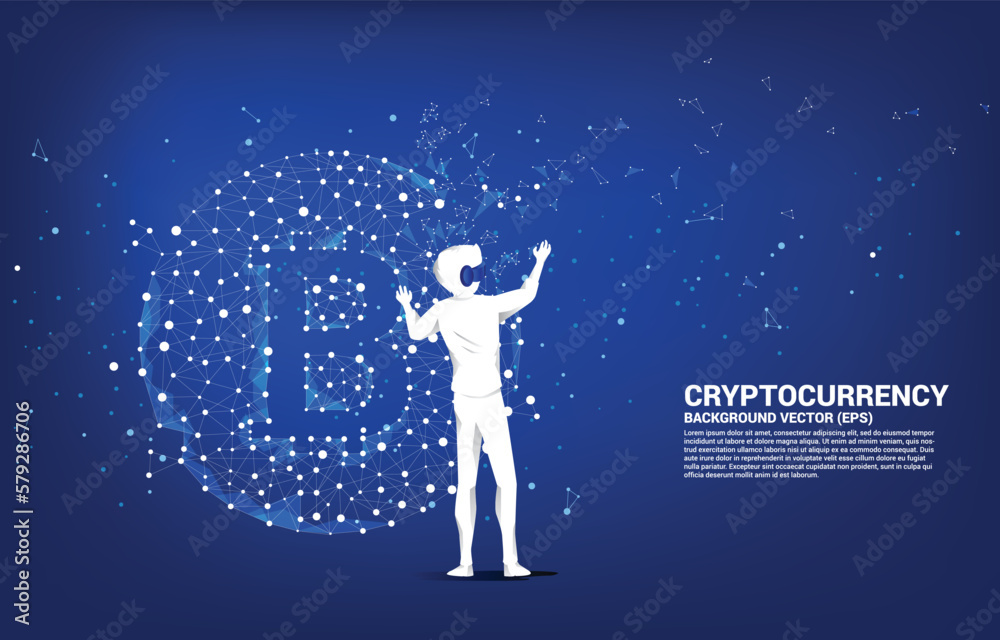 Poster silhouette man wear vr glasses with bitcoin icon from polygon dot connect line. concept for cryptocu