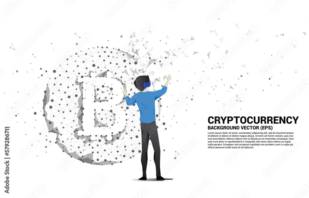 Poster silhouette man wear vr glasses with bitcoin icon from polygon dot connect line. concept for cryptocu