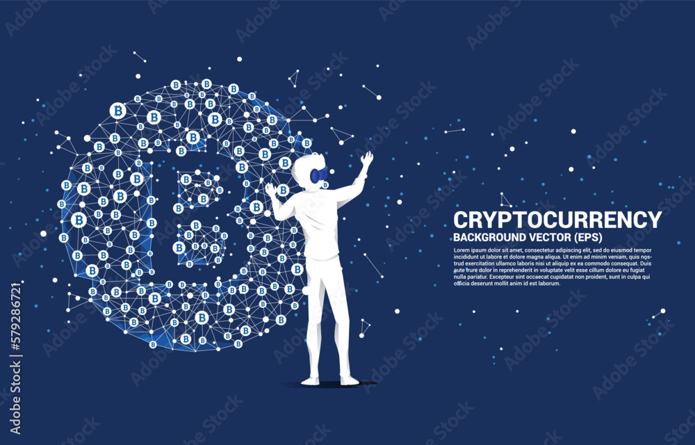 Poster silhouette man wear vr glasses with bitcoin icon from polygon dot connect line. concept for cryptocu