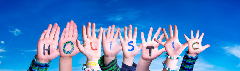 Children Hands Building Word Holistic, Blue Sky