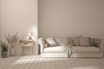 White modern interior design with sofa. Scandinavian interior design. 3D illustration