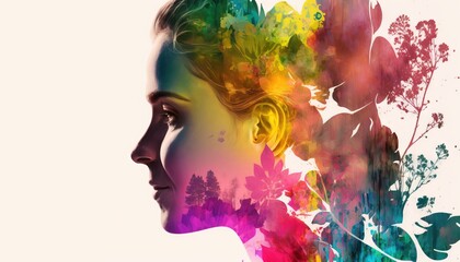 Double exposure woman profile and flowers mental health women's day illustration. Women's history month banner with copy space generative ai	