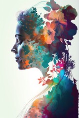 Double exposure woman profile and flowers mental health women's day illustration. Women's history month banner generative ai	