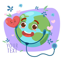 Planet Earth with stethoscope vector illustration. Happy cartoon character smiling with flowers and red heart on white background. World Health Day, healthcare, global wellness concept