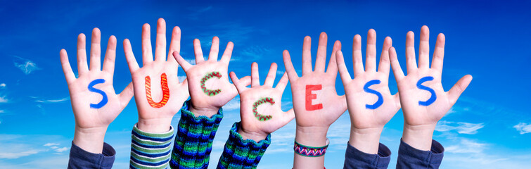 Children Hands Building Word Success, Blue Sky