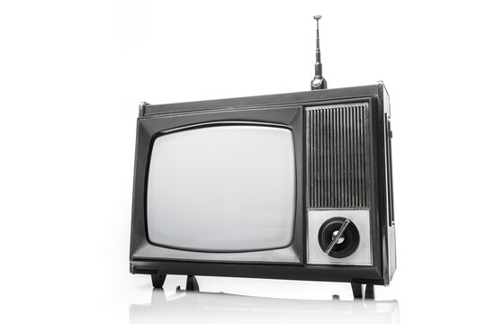 Retro analog portable black and white  TV set with antena.