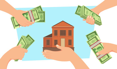 Hands holding money and house vector illustration. Many people wanting to buy property on white background. Housing shortage, housing crisis, rising inflation, property market collapse concept
