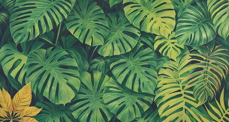 Fototapeta na wymiar Decorative background with exotic tropical leaves and flowers. Generative AI