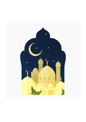 Editable Framed Mosques in A Night Scene With Crescent Moon and Leaves for Ramadan and Other Islamic Moment Related Design