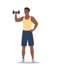 Fototapeta na wymiar Healthy strong young black man in full height holding dumbbell isolated. Vector cartoon flat style illustration