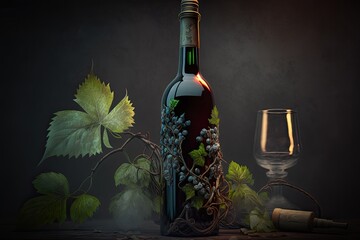 From the hearth and against a dark background comes this bottle of wine, vine wrapped around the neck. Concept That Is Both Timeless and Classic. Generative AI