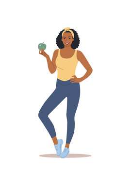 Healthy young black woman in full height holding green apple isolated. Vector cartoon flat style illustration