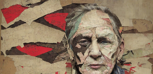 Portraits of elderly women made from scraps of old newspapers, advertisements, photographs and memories. Abstract background with torn paper and peeling plaster. Mental disease concept, Generative AI