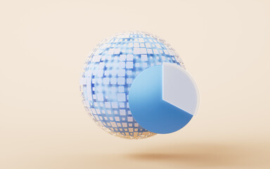A blue pie chart with digital earth, 3d rendering.