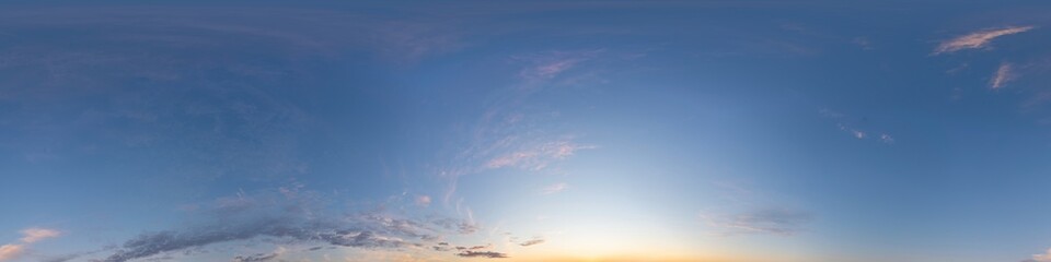Dark blue sunset sky panorama with pink Cirrus clouds. Seamless hdr 360 panorama in spherical equirectangular format. Full zenith for 3D visualization, sky replacement for aerial drone panoramas.