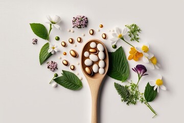 Obraz na płótnie Canvas Cosmetic collagen capsules on a wooden spoon, against a white backdrop with herbs and flowers, for skin care and beauty. The idea of medical treatment. Banner ad with a lot of space. Generative AI
