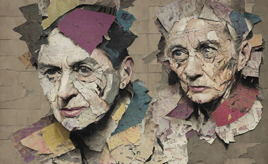 Portraits of elderly women made from scraps of old newspapers, advertisements, photographs and memories. Abstract background with torn paper and peeling plaster. Mental disease concept, Generative AI