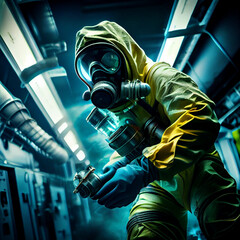 Lone scientist in full hazmat suit and respirator descending into a radioactive laboratory.