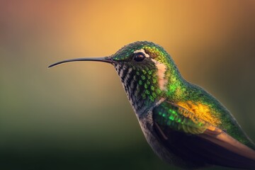 Fototapeta premium During the twilight hours, a hummingbird will flit about, and the sunset will bring new life. Green Hermit (Phaethornis guyot) hummingbird on a bright green background in Costa Rica. View of wild anim