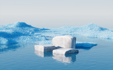 Rock product stage with blue grassland and lakes, 3d rendering.