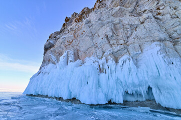 Rock Cliffs with Ice Near Olkhon Island on Lake Baikal During Winter
